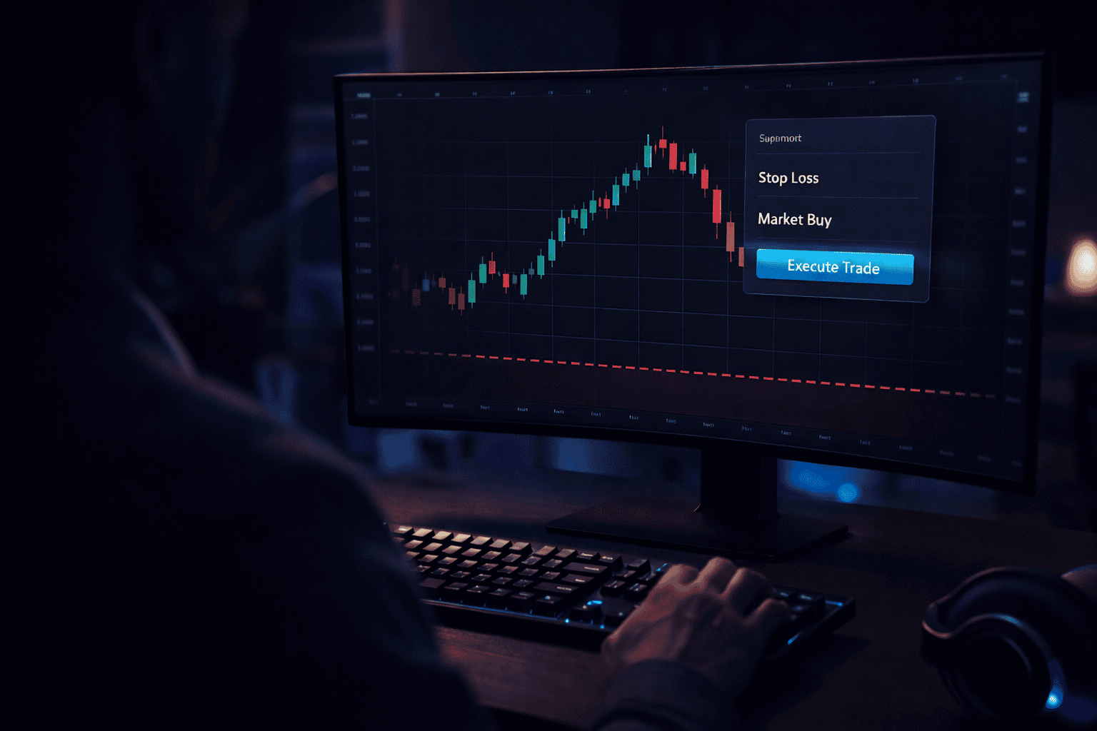Professional trader setup executing a market buy order on terminal