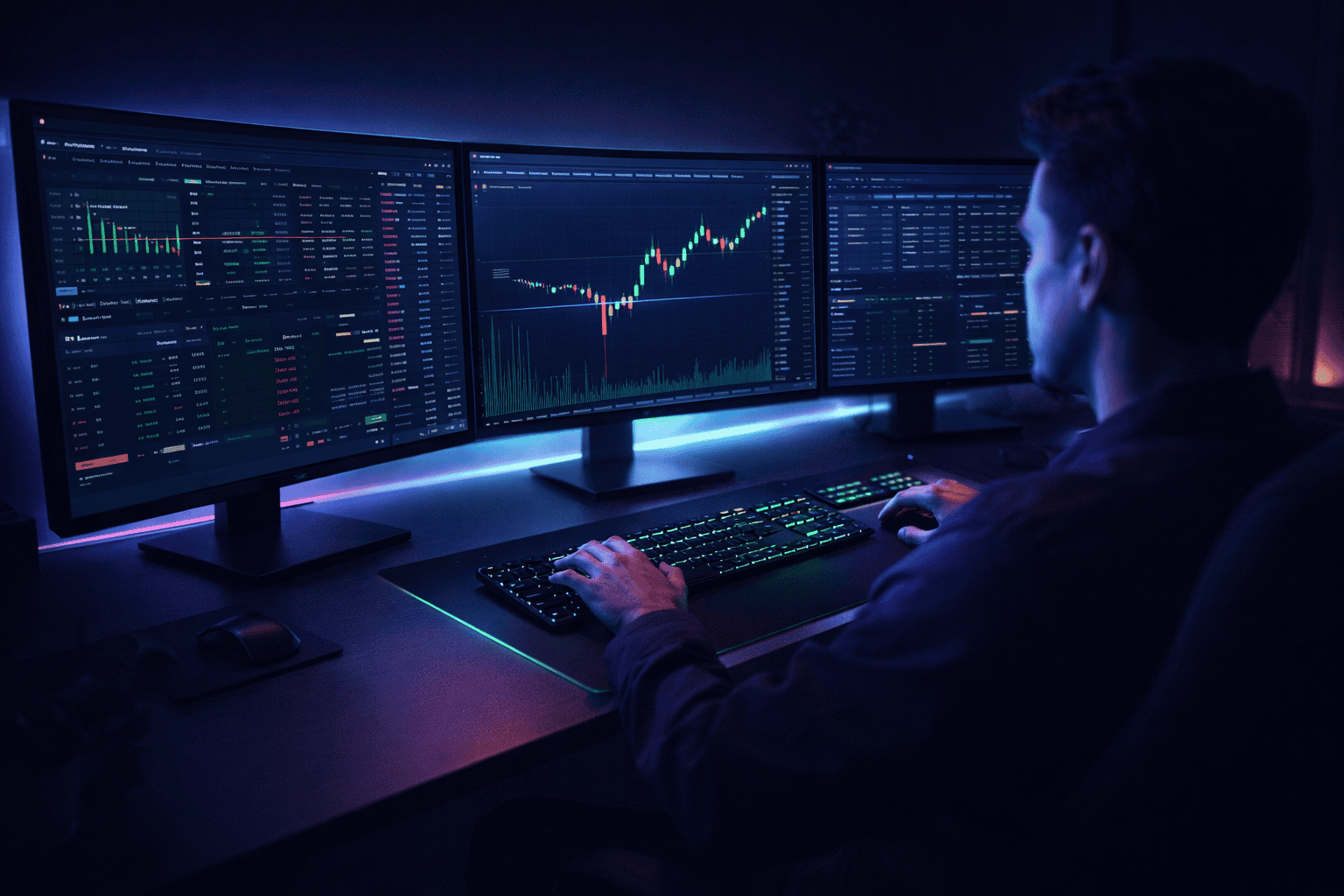 Professional crypto trader executing orders on a high-tech multi-monitor setup